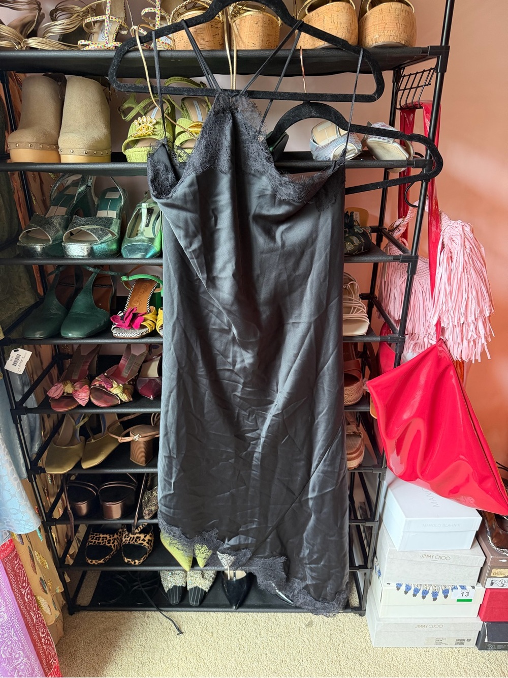 Anthropologie Black Lace-Trim Asymmetrical Slip Dress